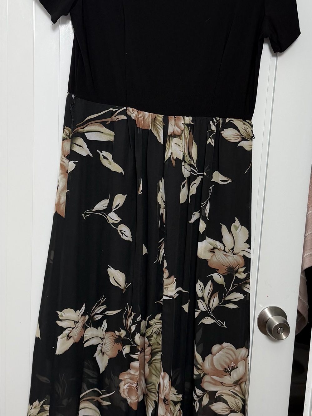 Black Floral Midi Dress with Cream Bloom Print